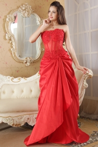 Red A-line Strapless Brush Train Taffeta Lace Prom Dress