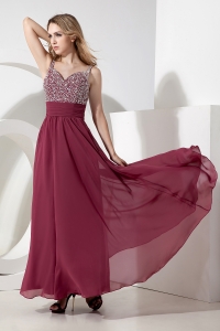 Red Empire Straps Ankle-length Chiffon Beading Prom Dress