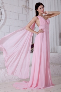 Baby Pink Empire One Shoulder Watteau Train Chiffon Beading Prom / Evening Dress
