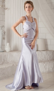 Silver Column Straps Brush Train Satin Beading Prom / Celebrity Dress