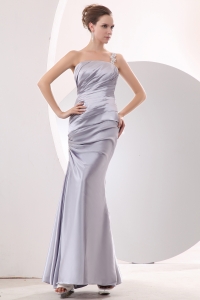 Silver Column One Shoulder Ankle-length Taffeta Ruch Prom / Evening Dress