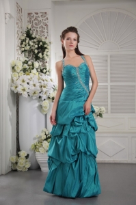 Teal Princess Straps Floor-length Taffeta Beading and Ruch Prom / Graduation Dress