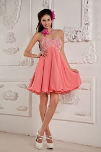 Watermelon A-line / Princess Sweetheart Mini-length Chiffon Beading Prom Dress