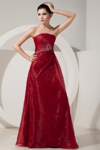 Wine Red Empire Strapless Floor-length Organza Beading Prom Dress