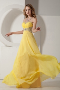 Yellow Empire Sweetheart Brush Train Chiffon Beading Prom Dress