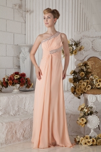 light Pink Empire One Shoulder Rush Train Chiffon Beading Prom Dress