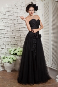 Black Empire Sweetheart Floor-length Tulle Beading and Hand Made Flowers Prom / Evening Dress