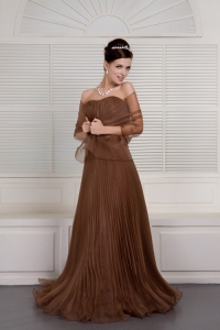 Brown A-line Sweetheart Brush Train Organza Ruch Prom / Evening Dress