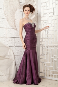 Dark Purple Sweetheart Brush Train Taffera Beading Prom Dress