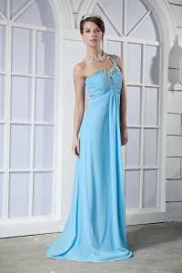 Light Blue Empire One Shoulder Brush Train Chiffon Beading Prom Dress
