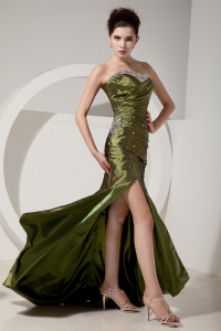 Olive Green Column / Sheath Sweetheart Brush Train Satin Beading and Ruch Prom Dress