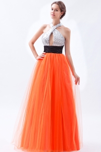 Orange Empire Halter Floor-length Tulle and Sequin Prom Dress
