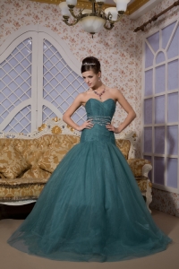 Green A-line Sweetheart Brush Train Tulle Beading Prom / Evening Dress