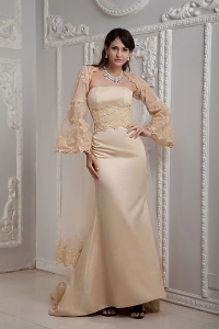 Romantic Champagne Column Strapless Brush Train Satin Lace Prom Dress