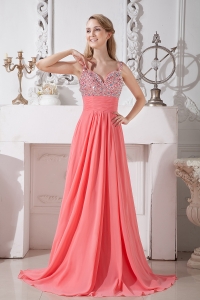 Watermelon Red Empire Spaghetti Straps Brush Train Chiffon Beading Prom / Evening Dress