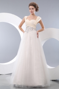 White A-line Straps Floor-length Tulle Beading Prom / Evening Dress