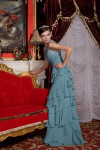 Baby Blue Column One Shoulder Brush Train Chiffon Beading Prom / Evening Dress