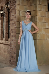 Baby Blue Empire Straps Brush Train Chiffon Beading Prom Dress