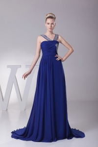 Beaded Decorate V-neck and Ruch For Royal Blue Prom Dress With Brush Trian