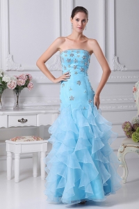 Beading and Ruffles Decorate Bodice Mermaid Aqua Blue Ankle-length Prom Dress For 2019 Strapless