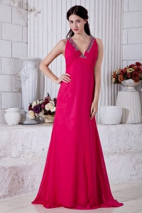 Fuchsia Empire V-neck Brush Train Chiffon Beading Prom / Evening Dress