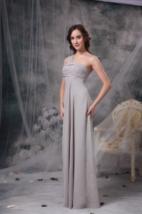 Grey Column One Shoulder Floor-length Chiffon Ruch Bridesmaid Dress