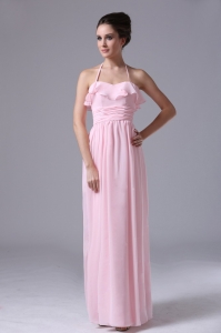 Halter Pink Chiffon Column 2019 Prom Dress With Ruched