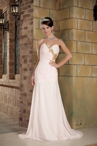 Light Pink Column Sweetheart Brush Train Chiffon Beading Prom Dress