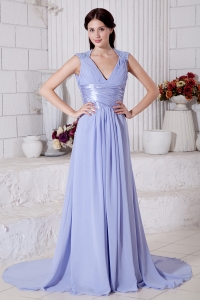 Lilac Empire V-neck Brush Train Chiffon Beading Prom / Evening Dress