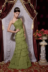 Olive Green Column One Shoulder Chiffon Beading Prom / Evening Dress