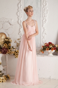 Pink Empire Straps Brush Train Chiffon Beading and Ruch Prom Dress