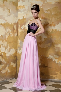 Pink and Black Column Sweetheart Brush Train Chiffon Hand Made Flower Prom Dress