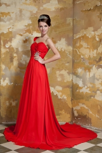 Red Empire One Shoulder Watteau Train Chiffon Beading Prom Dress