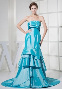 Ruffled Layers Decorate Bodcie Prom Dress For Formal Evening Aqua Blue Brush Train