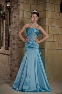 Teal A-line Sweetheart Brush Train Taffeta Beading Prom Dress