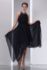Black Empire Halter Asymmetrical Chiffon Beading Prom Dress