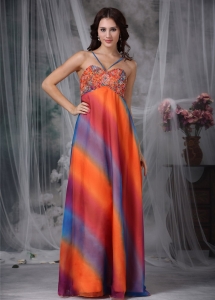 Colorful Empire Straps Floor-length Chiffon Beading Celebrity Evening Dress