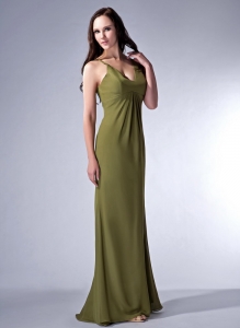 Olive Green Cloumn V-neck Floor-length Chiffon Ruch Evening Pageant Dress