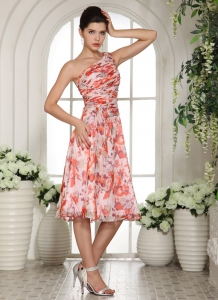 Printing One Shoulder Tea-length Prom Cocktail Dresses For Custom Made