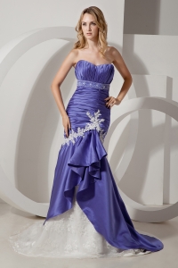Purple Mermaid Sweetheart Court Train Elastic Wove Satin Appliques Prom Dress