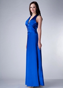 Royal Blue Column V-neck Ankle-length Satin Ruch Evening Pageant Dress