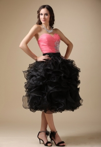 Watermelon Red and Black Column Sweetheart Tea-length Organza Beading Cocktail Graduation Dresses