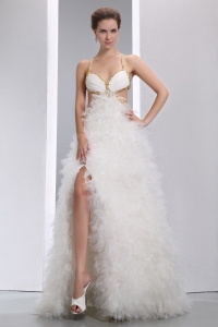 White A-line Spaghetti Straps Floor-length Organza Beading Prom Dress