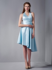 Aqua Blue A-line Halter Asymmetrical Elastic Woven Satin Ruch Dama Dresses for Quinceanera