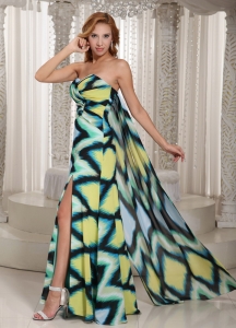 Multi-color Printing Chiffon High Slit Watteau Train Sweetheart Prom Celebrity Dresses