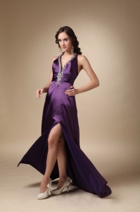 Dark Puprle Column V-neck Brush Train Elastic Wove Satin Beading Prom Evening Dress
