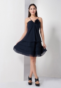 Navy Blue A-line Spaghetti Straps Knee-length Chiffon Hand Made Flower Dama Dresses for Quinceanera