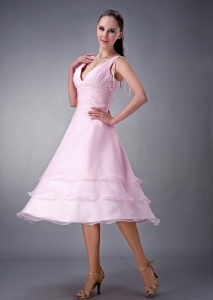 Baby Pink A-line / Princess V-neck Tea-length Organza Ruch Dama Dresses for Quinceanera