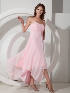 Baby Pink Empire Strapless Asymmetrical Chiffon Dama Dresses for Quinceanera