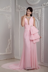 Baby Pink Empire V-neck Brush Train Chiffon Beading Prom Dress